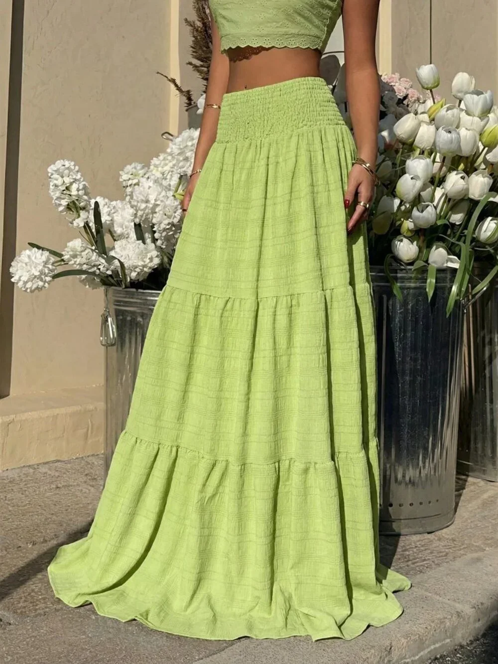 Green Casual Women's Textured Fabric High Waist Tiered Hem Skirt